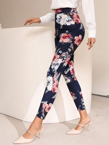 

floral print high waist leggings p5vh#, Black