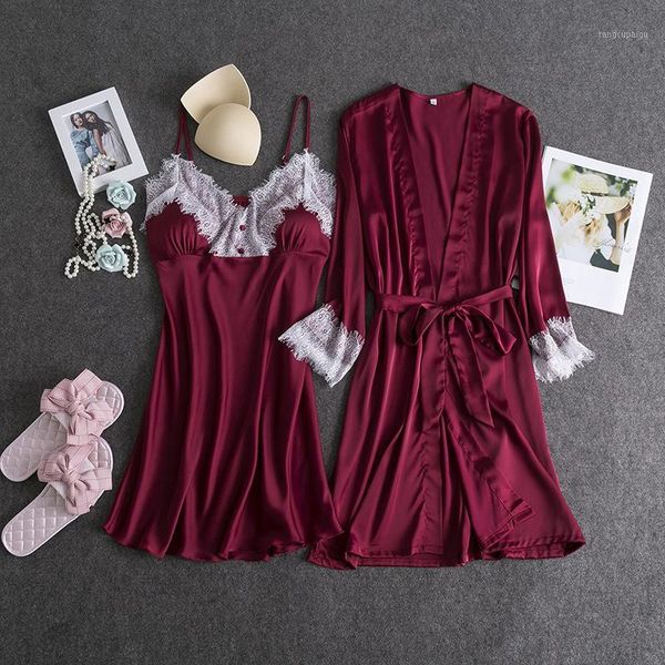 

2019 new fashion spring summer nightgown women two piece suit dress lady silk satin lingerie soft pajamas set robe set1, Black;red