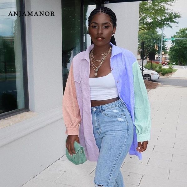 

anjamanor fashion color block button up shirts women clothes fall winter 2020 patchwork long blouse cardigan casual d7-ci331, White