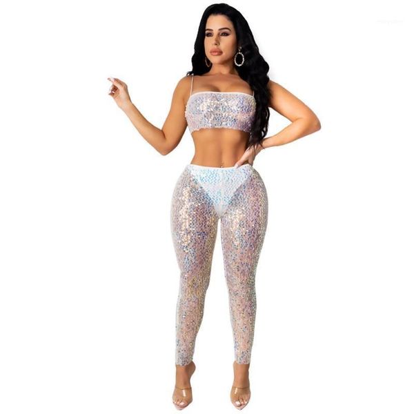 

two piece sets women spaghetti strap tank and skinny pants suit 2021 fashion new sequins patchwork club party outfits1, Gray