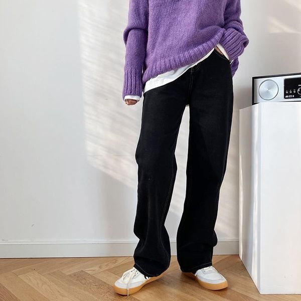 

yeeloca winter thickened thin velvet black jeans women's casual high waist straight trousers korean wide leg velvet jeans, Blue