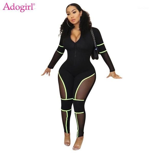 

adogirl sheer mesh patchwork bandage jumpsuit zipper front v neck long sleeve women romper tracksuit night club overalls1, Black;white