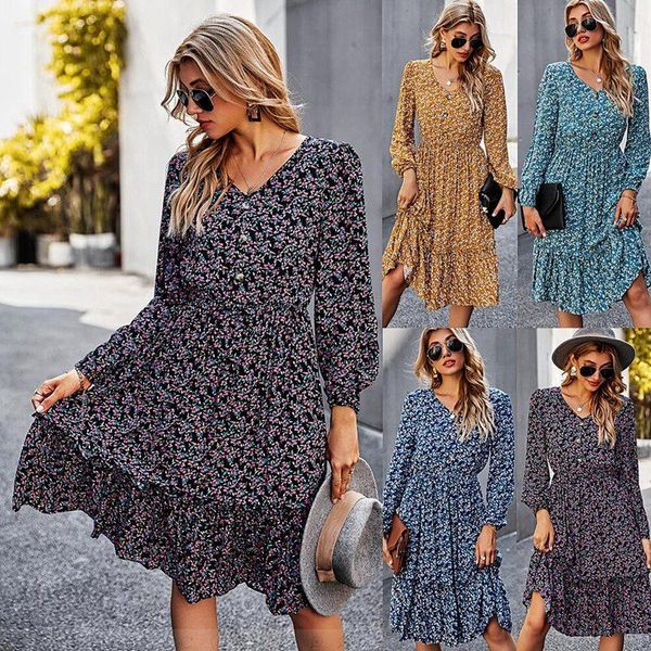 

floral print women dress elegant women long sleeve a line v neck ruffles dress high waist dresses lady, Black;gray