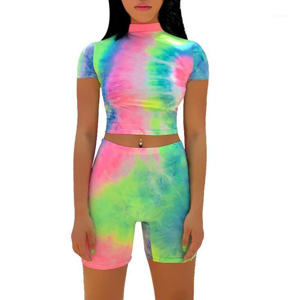 

summer tie-dye sports two-piece suit jogger suit crop cycling sportswear1, White