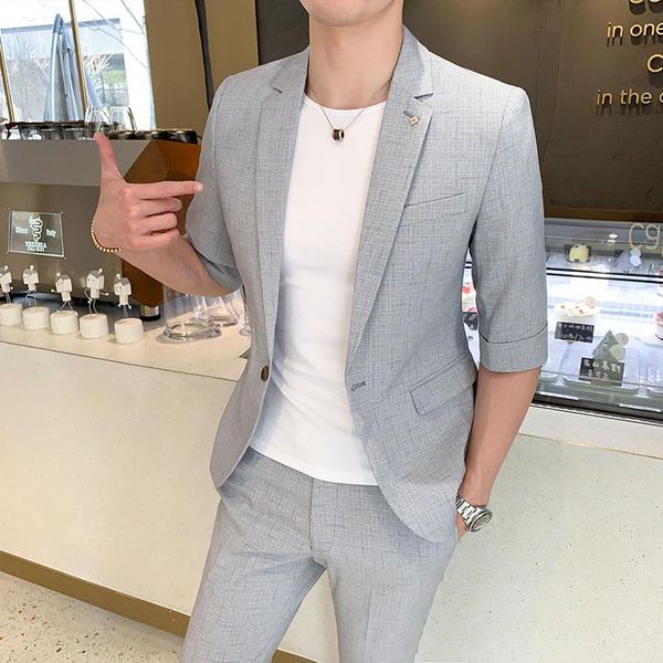 

men's suits & blazers asian size summer fashion urban street mens seven-point sleeve suit 2 pcs sets (blazer+pants) gentleman c, White;black