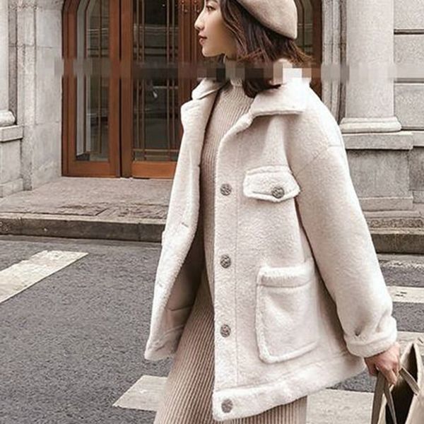 

2020 fashion women faux furry jacket coat chic autumn winter thick warm faux cashmere jackets coat solid collar buttons outwear lj201202, Black