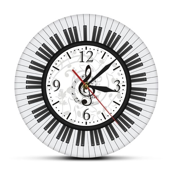 Klaviertastatur Violinschlüssel Wandkunst Moderne Wanduhr Musiknoten Schwarz-Weiß-Wanduhr Musik Studio Dekor Pianist Geschenk LJ201204