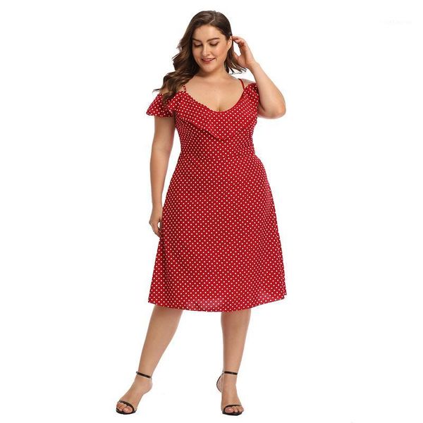 

summer plus size 3xl 4xl red dot printed dress ladies deep v-neck strap ruffles flare sleeve high waist backless dress women1, Black;gray