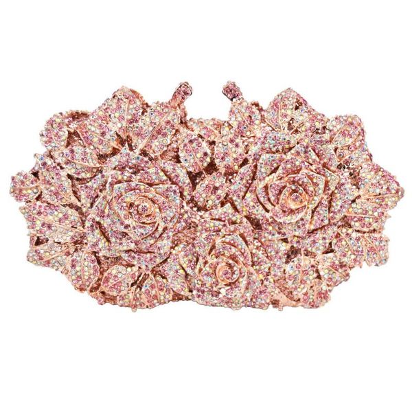 

luxury women gold rose flower hollow out crystal evening bag clutches small handbag purse wedding box clutch bag a28