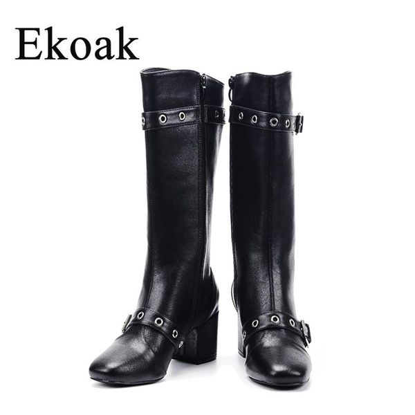 

ekoak fashion warm plush winter women mid-calf boots for women shoes leather high heel autumn zip motorcycle boots shoes woman, Black