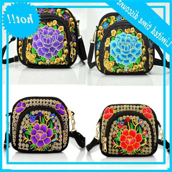 

dhl50pcs cross body women canavas double sided embroidery peony natiional syle zipper min shoulder bag mix color