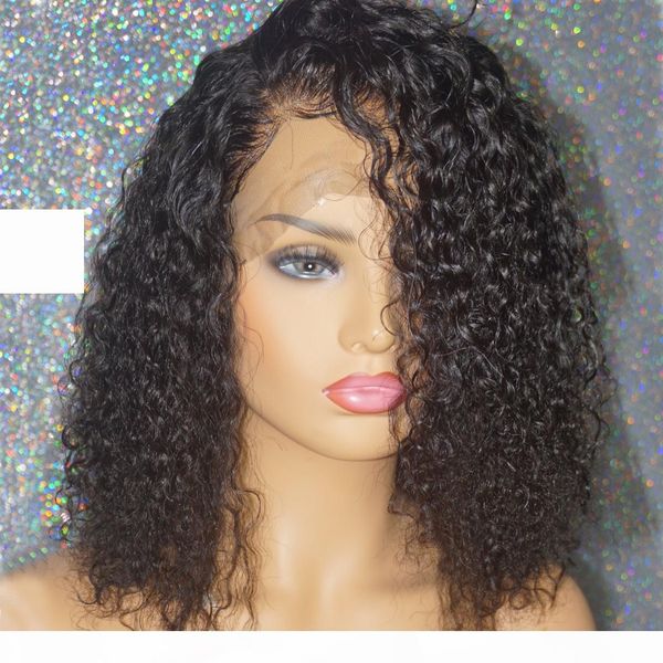 

13x4 short bob curly wig 150% density lace front human hair wigs for black women pre plucked brazilian lace front wig curly human hair wig, Black;brown