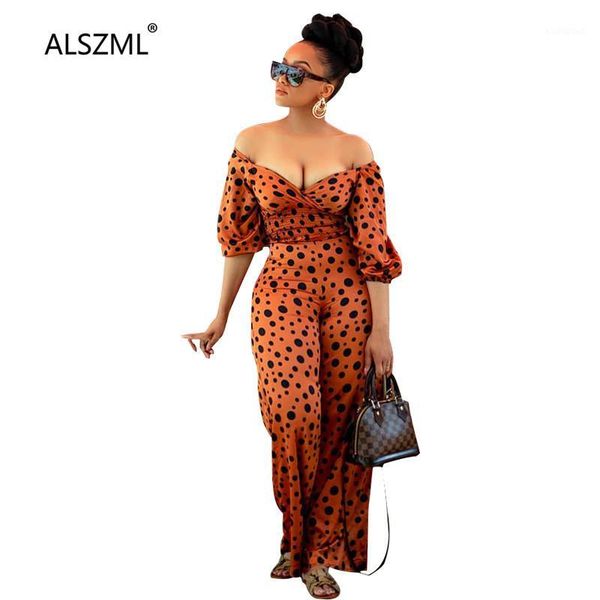 

dot print high waist women long jumpsuit summer fashion office lady slash neck off the shoulder romper overalls1, Black;white