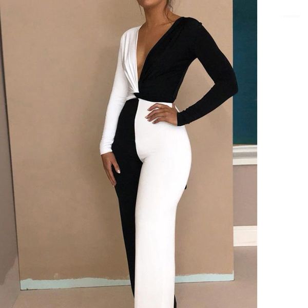 

black white patchwork two piece set women long sleeve elegant club party deep v neck crop and pants 2 pcs sets outfits1