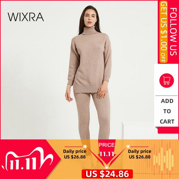 

wixra women sweater sets turtleneck long sleeve loose sweaters pullovers+pockets long pants solid 2 pieces suits winter costume c1103, Gray
