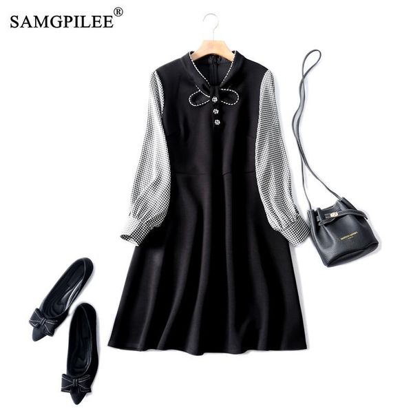 

dress women winter office lady a-line plaid full sleeve plus size korean fashion clothing empire o-neck dresses for woman 4xl, Black;gray