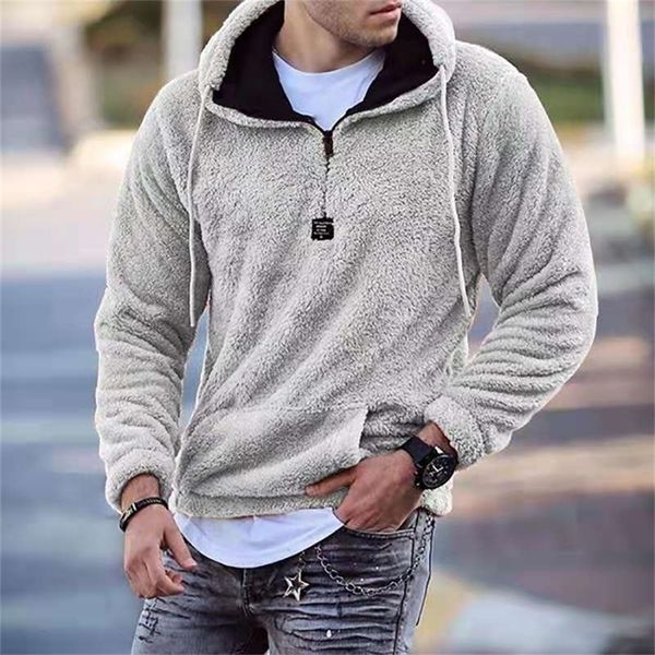 

autumn winter men warm faux fleece hoodie kangaroo pockets sweatshirt casual zipper hooded clothes solid streetwear 220307, Black