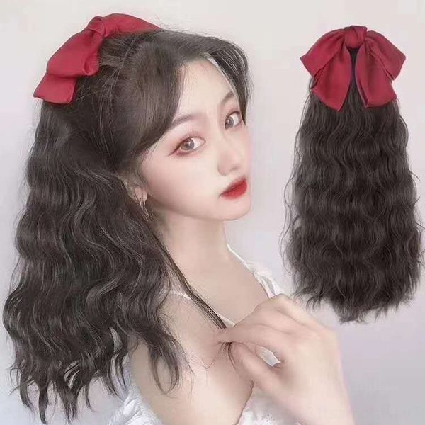 

b3zm4 new bowknot butterflyhorsetail bandage long curly net red bow new bowknot wig butterfly butterfly butterflyhorsetail bandage long curl, Black