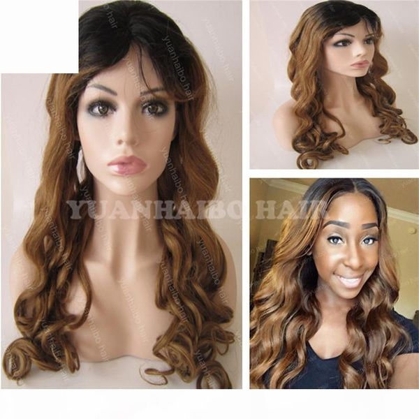 

fashion 8a grade 20inch two tone lace front wig virgin brazilian hair loose wave ombre glueless wig ing, Black;brown