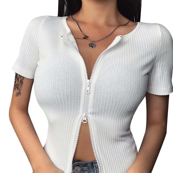 

knitted zipper patchwork short sleeve cardigan 2021 autumn women fashion streetwear slim blouse female party hauts, White