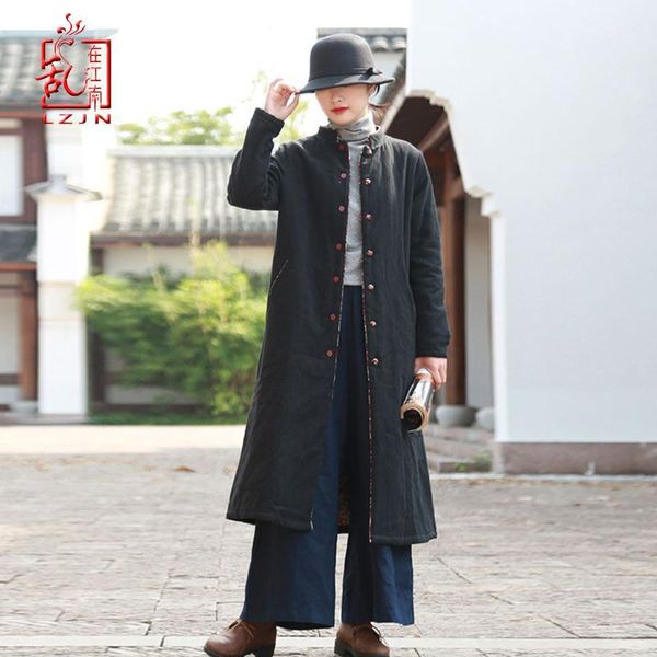

lzjn 2019 autumn winter women's wadded jacket coats warm thick single breasted knot button female long jackets black with pocket1