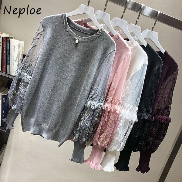 

neploe mesh embroidery lantern sleeve sweater tassel patchwork knitted pullovers women 2020 o-neck vintage loose femme, White;black