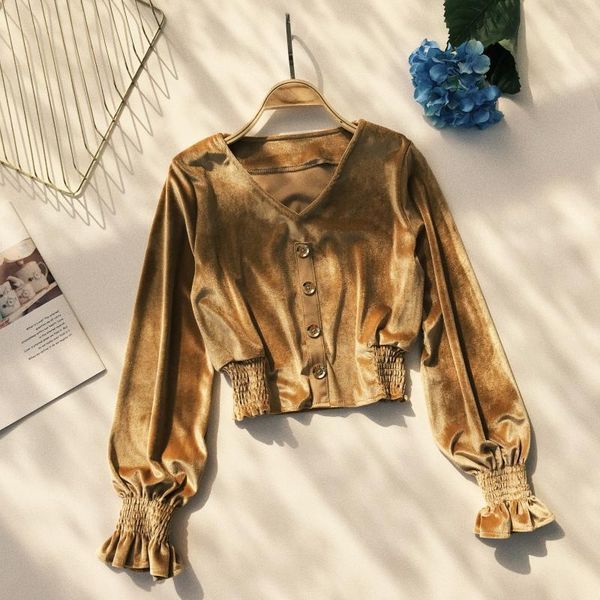 

new autumn winter women vintage blouse shirts vintage v-neck velvet blouses female long sleeve shirts short office lady top, White