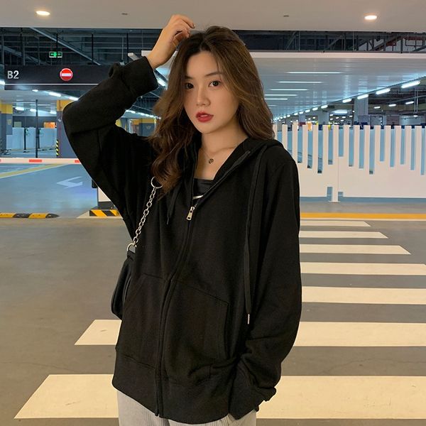 

double layer solid color loose mid-length hooded women's double layer hat solid coat hatsweater hat color loose mid-length hooded sweat, Black