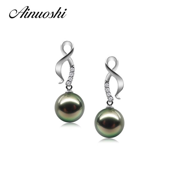 

ainuoshi 925 sterling silver women drop earrings black cultured pearl tahiti 9.5-10mm round pearl drop earrings silver jewelry y200107