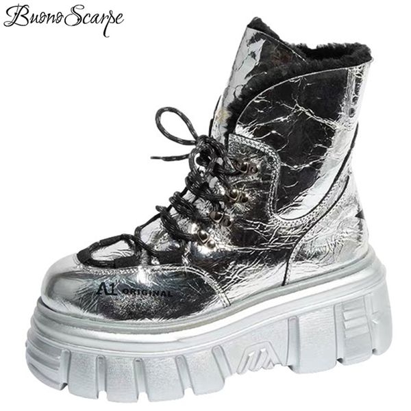 

high platform women snow boots warm wool plush ankle boots lace up real leather casual shoes female heels silver black punk shoe 201031