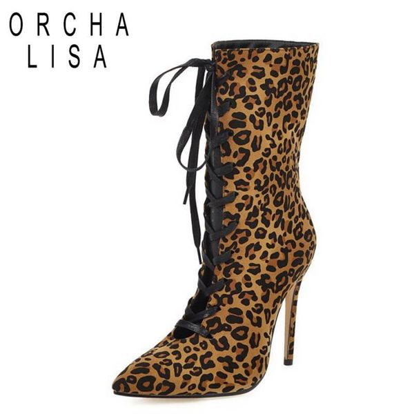 

orcha lisa women mid-calf boots pointed toe high thin heels faux leather lace up leopard big size 34-48 casual party sapatos, Black