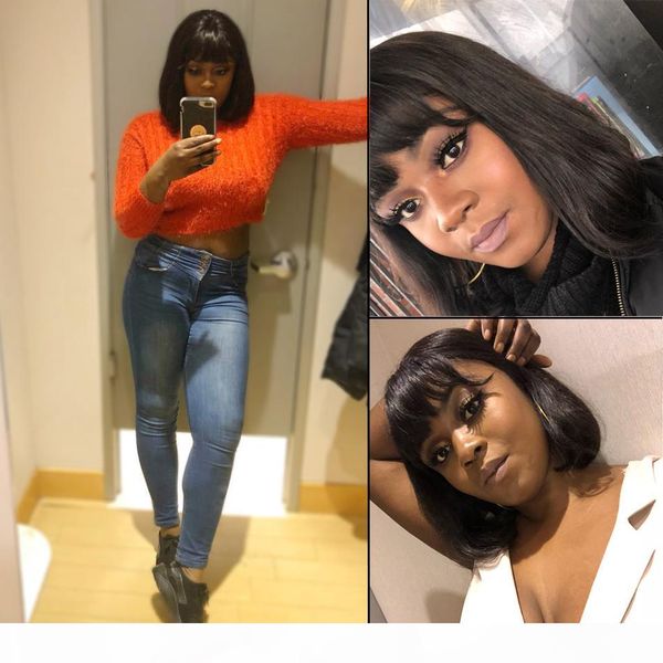 

brazilian european hair wigs lace front short with bangs baby hair straight natural looking lace front wig brazilian hair lace front wig, Black;brown