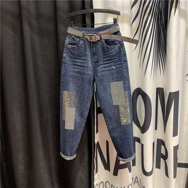 

2021 spring new loose slimming all-matching jean pants rhinestone harem jeans women dark blue casual trouser girls stretch jeans