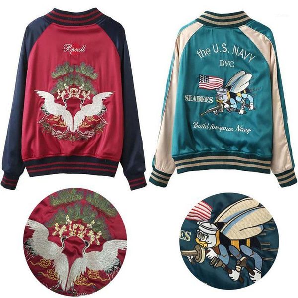 

women's jackets women bomber jacket reversible red&cyan ab wear zipper pocket embroidery casual o-neck coats baseball uniform femal1, Black;brown