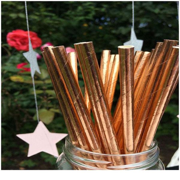 

25pcs/lot rose gold paper straws striped dot drinking straws disposable tableware party supplies happy birthday decorat bbyxbb