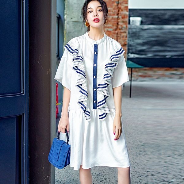 

gwme7 style navy design laminated flounced dress loose over-knee mid-sleeve breathable holiday dress summer xt3dd, Black;gray