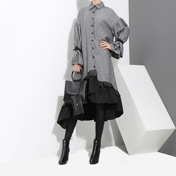

autumn winter women plus size gray shirt dress midi long sleeve patchwork thick warm ruffled elegant party dress style 3073 201127, Black;gray