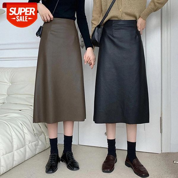 

qoerlin black solid pu leather elegant midi skirt women 2020 spring high waist office ladies a line flared skirts faux leather #ln1x, White;black