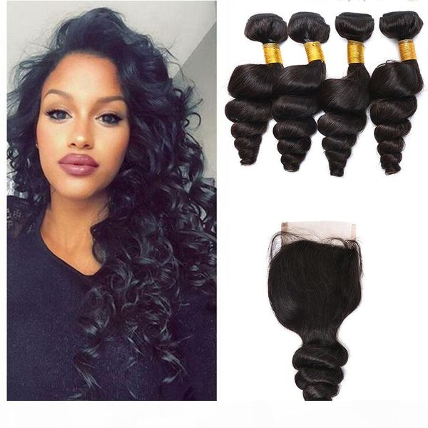 

brazilian hair weave weft wavy loose wave 1pc part lace closure 4"x4" with 4pcs natural color human hair bundles extensio, Black;brown