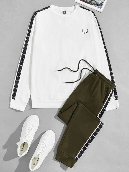 

men antler print contrast tape pullover & drawstring waist sweatpants s5f9#, Gray