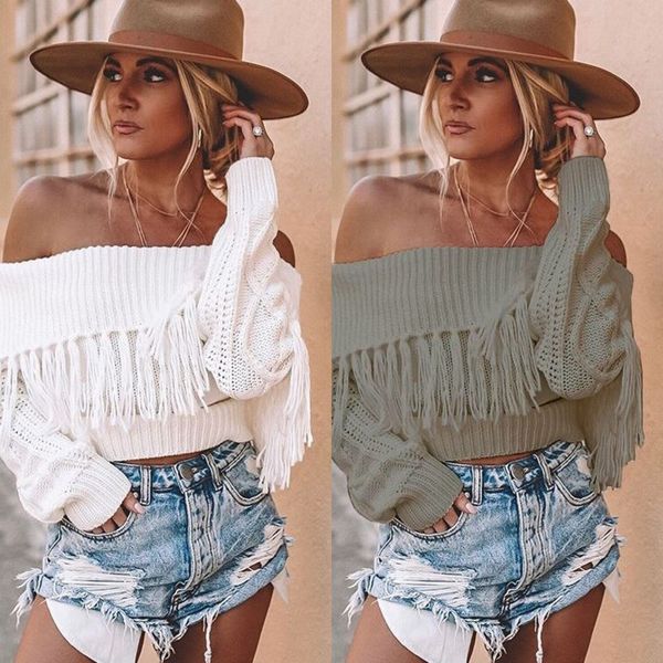 

di3ee autumn and winter women's one shoulder tassel autumn open with knitted sweatershoulders and winter women's one shoulder tass, White;black