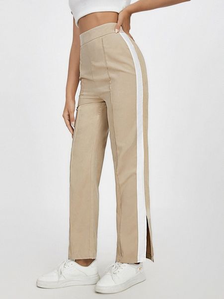 

split hem contrast sideseam pants 04u4#, Black;white