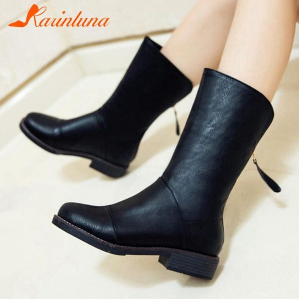 

boots female shoes 2021 brand fashionable plus size 33-44 solid round toe zip low heels casual mid-calf, Black