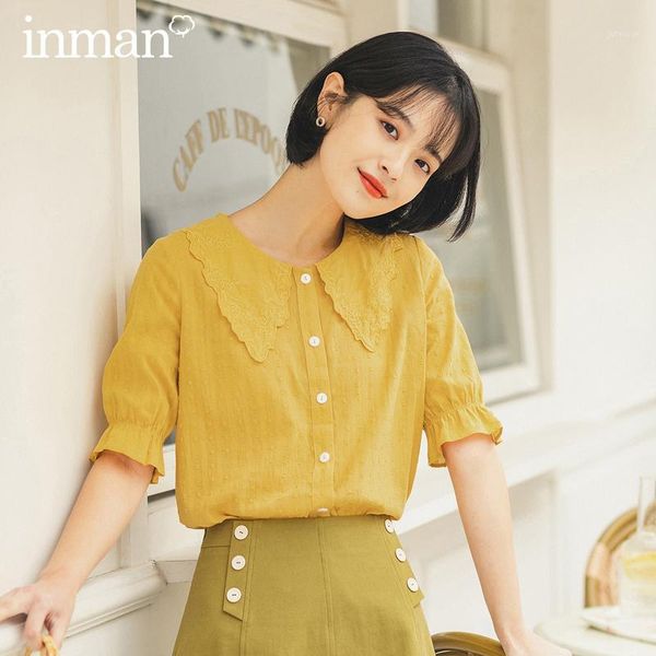 

inman 2020 summer new arriavl short sleeve doll collar literary embroidered sweet blouse1, White