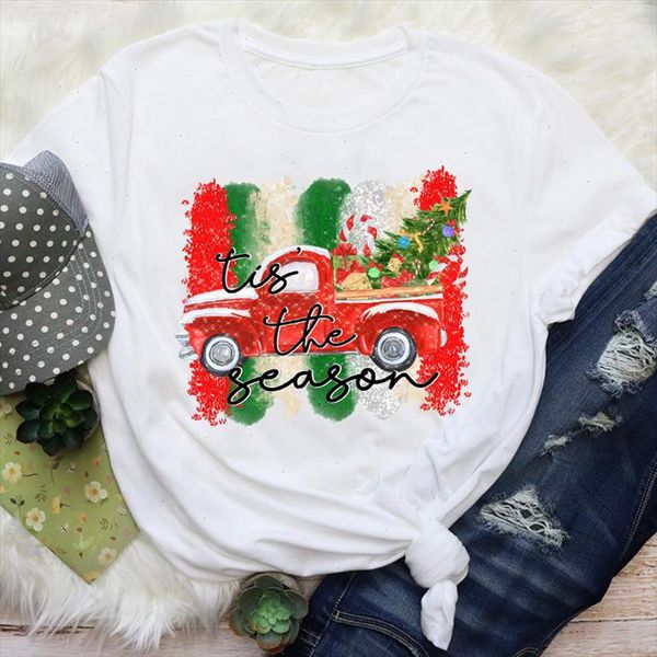 

women cartoon gift truck 90s style short sleeve merry christmas graphic tees clothes print lady female t shirt t shirt, White
