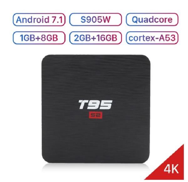 Scatola TV T95 S2 Android 7.1 Smart TV Box 2GB 16 GB Amlogic S905W Quad Core Core 2.4GHZ WiFi Set Top Box 1 GB 8 GB T95S2 4K Player Media