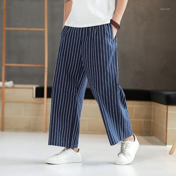 

plus size men summer fashion trousers linen style loose casual breathable outdoor striped pants sportswear casual straight pants1, Black
