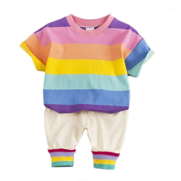 

jw-summer children baby boys girls casual short sleeve rainbow print t-shirt +shorts suits costume set1, White
