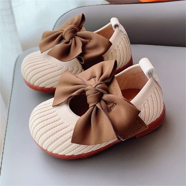 

baby girl princess shoes with big bow knitted fabric toddler shoe soft bottom outdoor casual child first walkers beige pink swee y201028