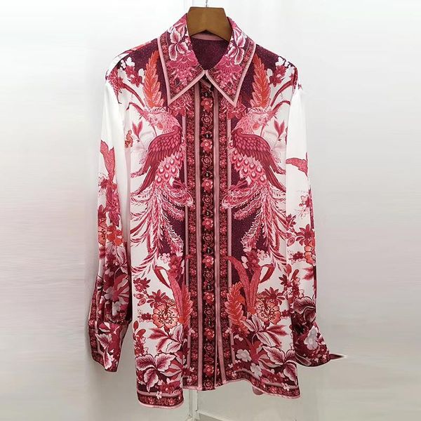 

designer blouse for lady 100% silk long sleeve notched neck single breasted printed blouse for women 2021, White